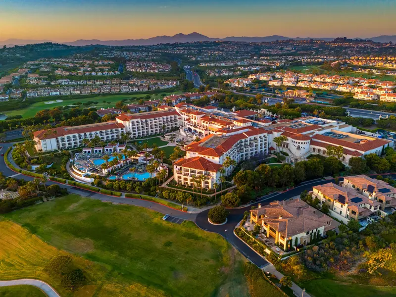 Aerial twilight view of the golf course and resort, Monarch Beach, Dana Point