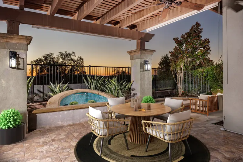 Patio virtually staged with seating and a fire pit, Ladera Ranch