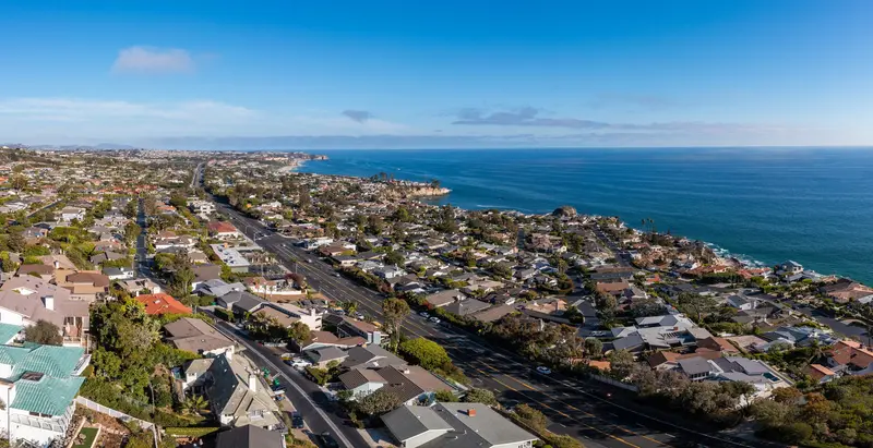 Aerial panorama looking south along Pacific Coast Highway and the coastline, Laguna Beach
