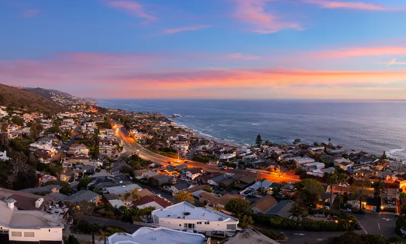 Aerial sunset panorama looking south along Pacific Coast Highway, Laguna Beach