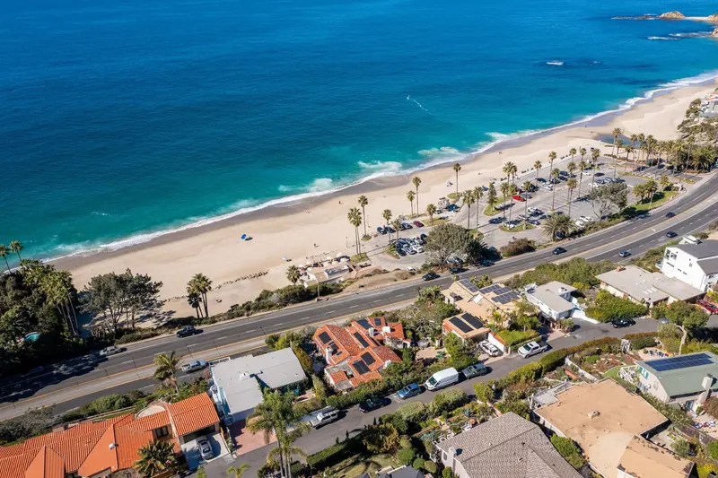 Aerial drone view of Aliso Beach and the surrounding coastline, Laguna Beach