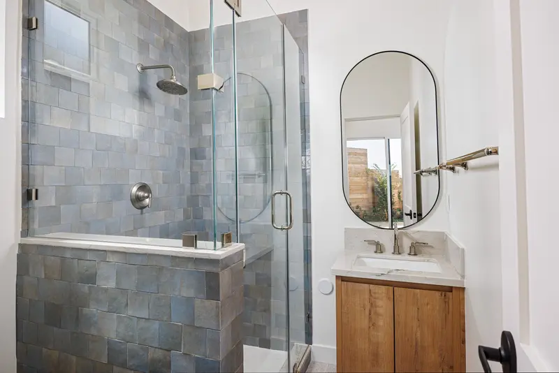 Casita bathroom with blue zellige tile — Laguna Beach real estate photography