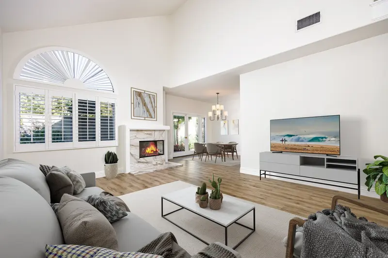 Living room virtually staged with a couch and coffee table, Nellie Gail, Laguna Hills
