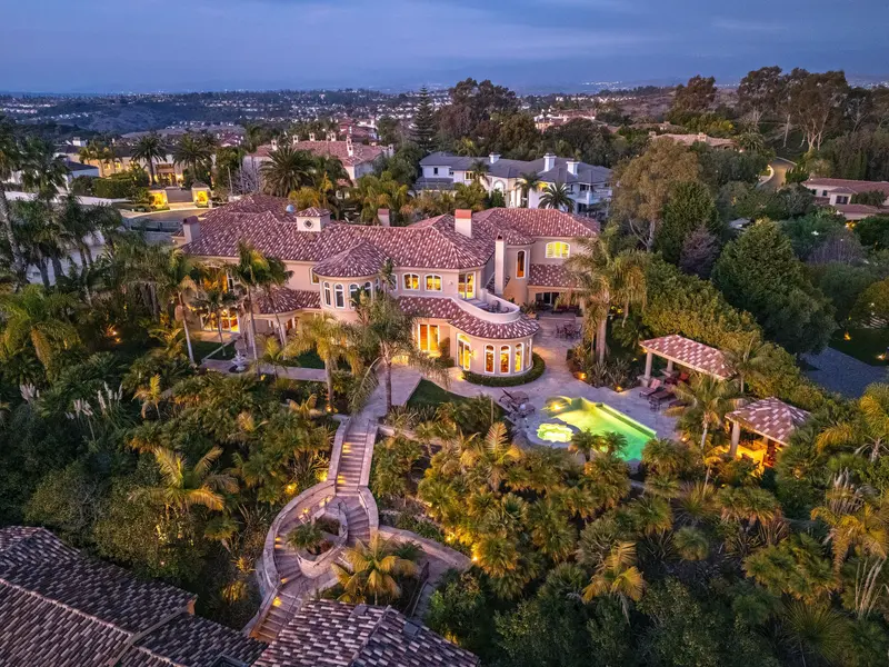 Aerial view of the estate and pool at twilight — Laguna Niguel real estate photography