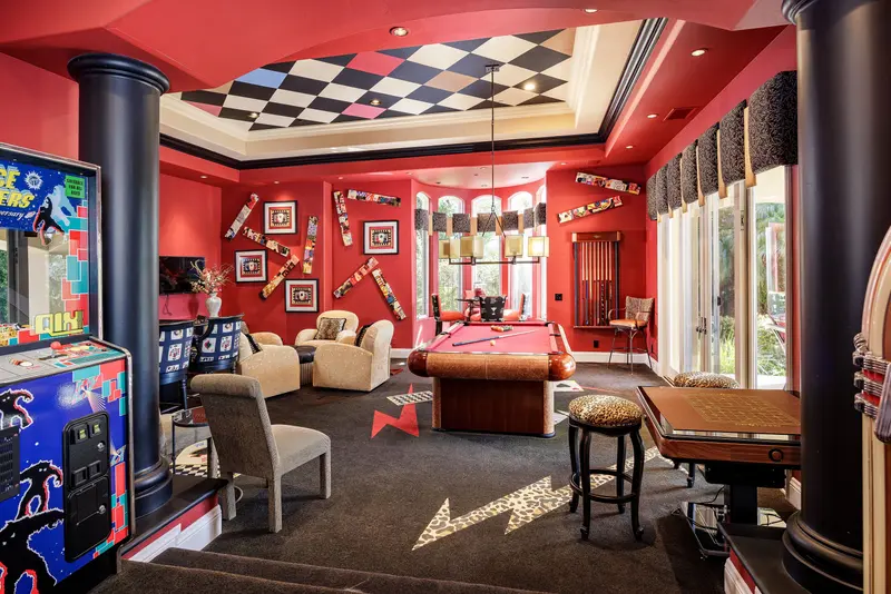 Red game room with checkerboard ceiling and pool table — Laguna Niguel real estate photography