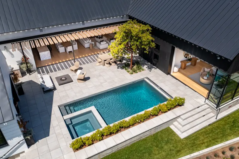 Aerial view of the rear exterior and pool, Big Canyon, Newport Beach