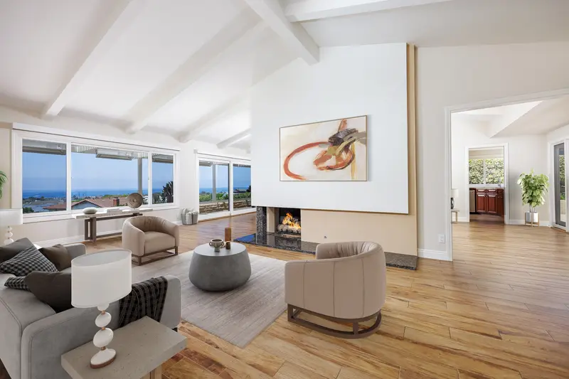 Living room virtually staged with fireplace seating, Newport Beach