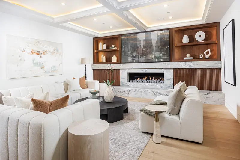 Family room with walnut media wall — Newport Beach real estate photography