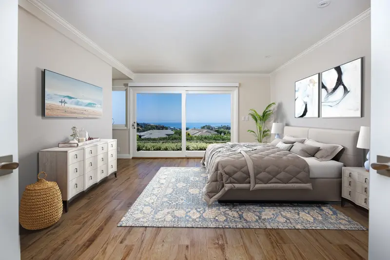 Primary bedroom virtually staged with coastal decor, after, Newport Beach — after