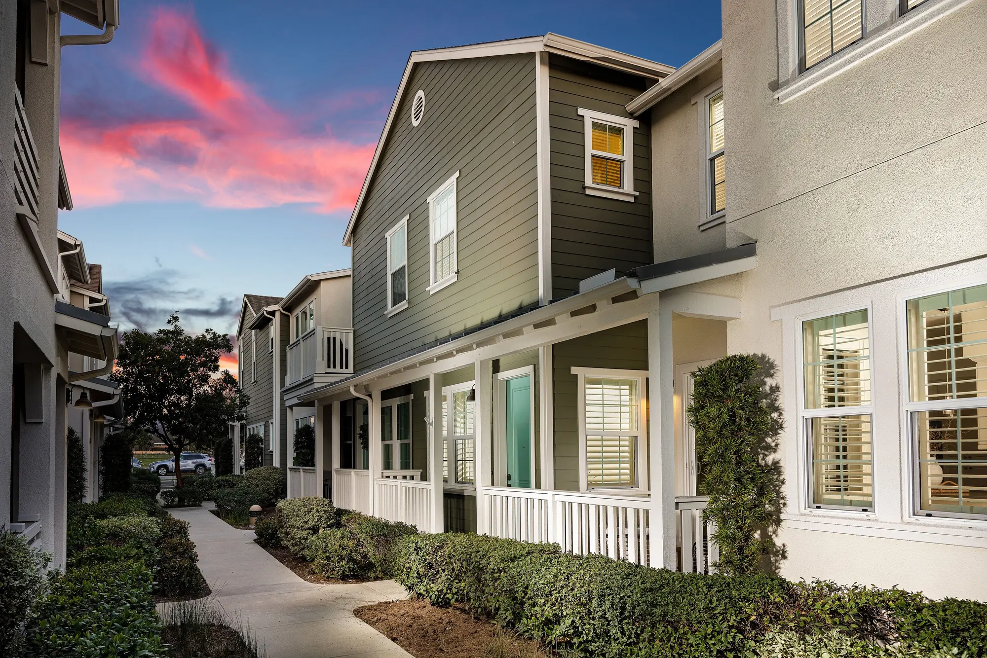 Porch Light at Blue Hour — exterior, Esencia Village, Rancho Mission Viejo real estate photography