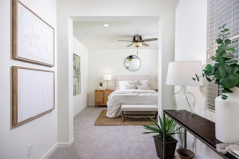Primary bedroom framed through the hallway entry — Rancho Mission Viejo real estate photography